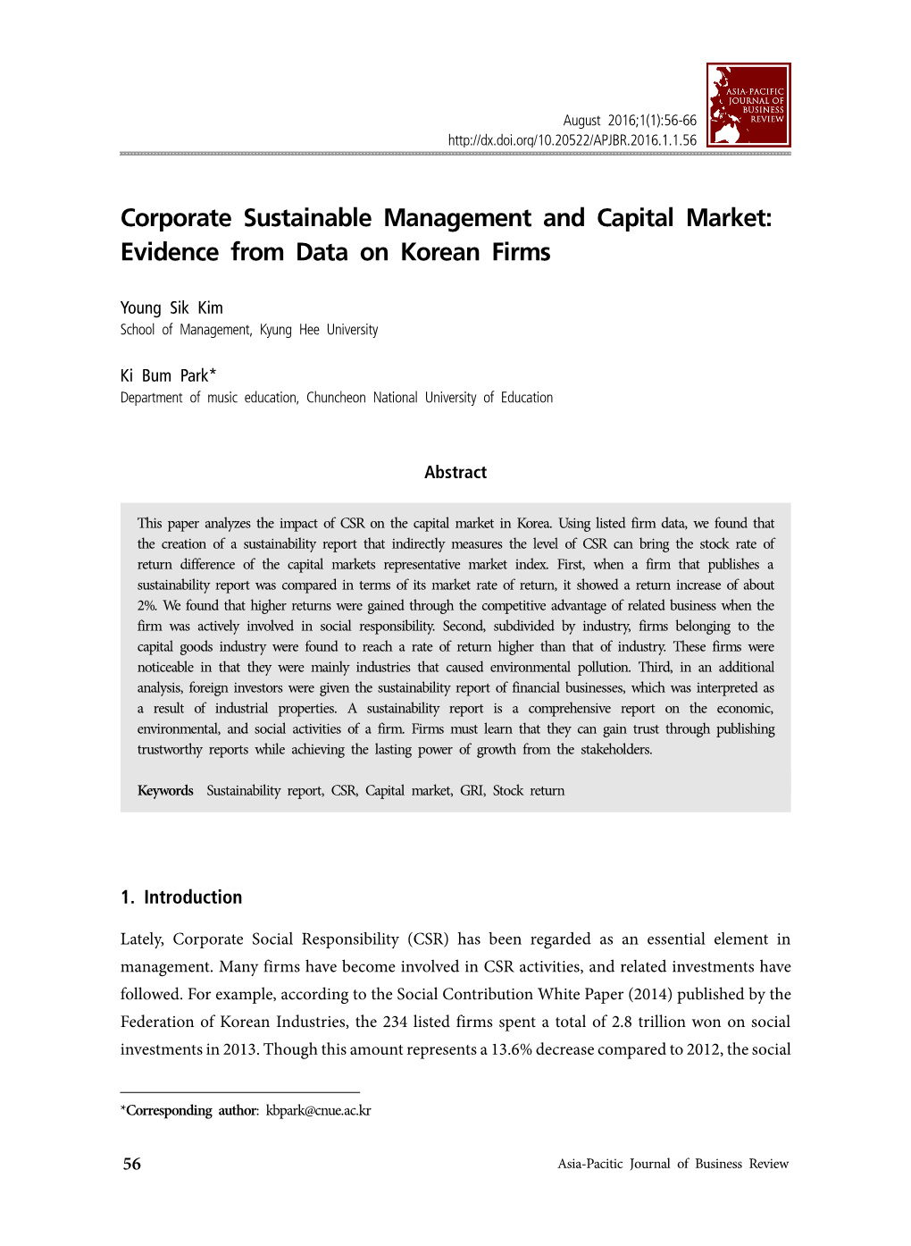 Corporate Sustainable Management and Capital Market: Evidence from Data on Korean Firms