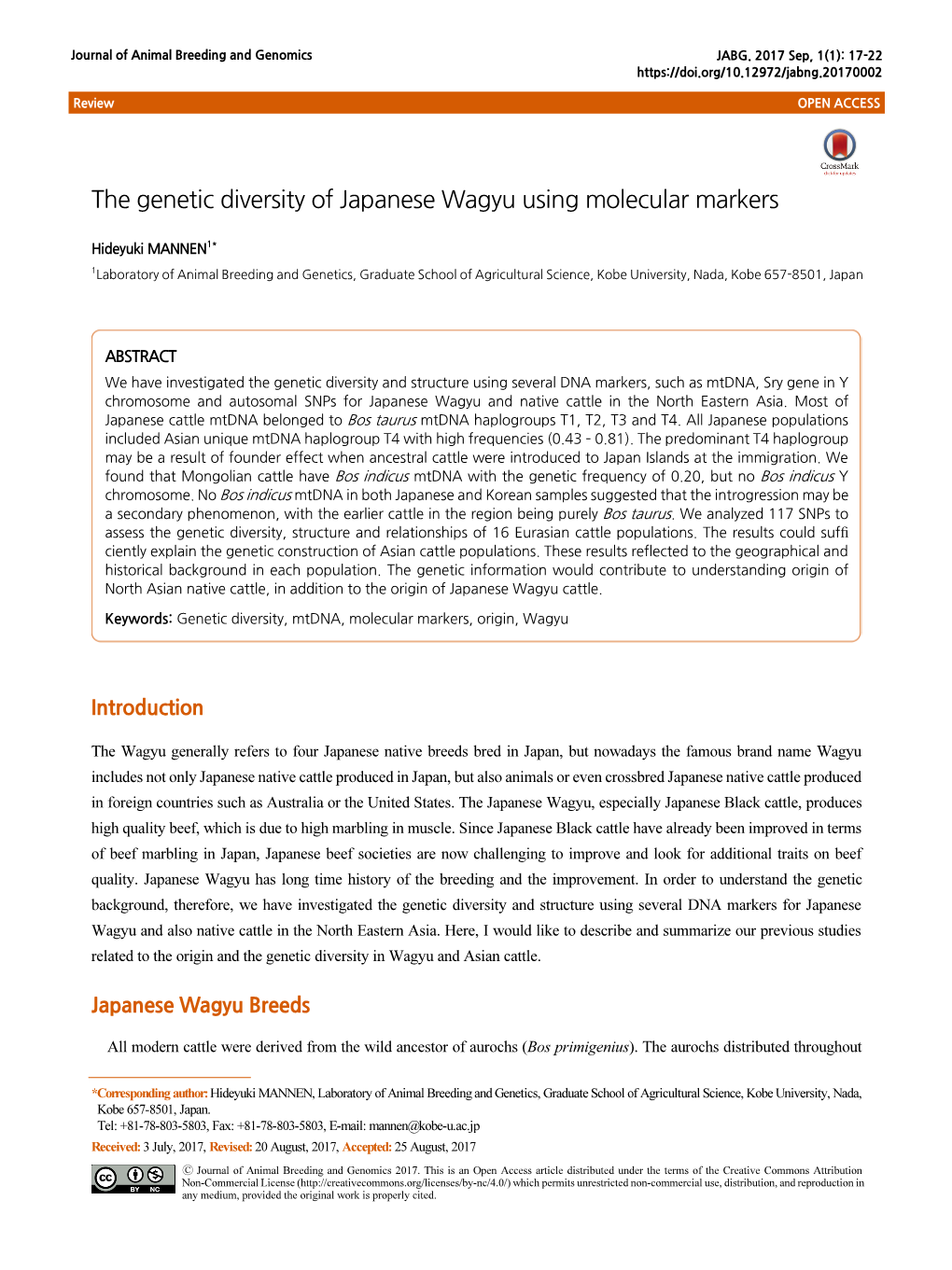 The Genetic Diversity of Japanese Wagyu Using Molecular Markers