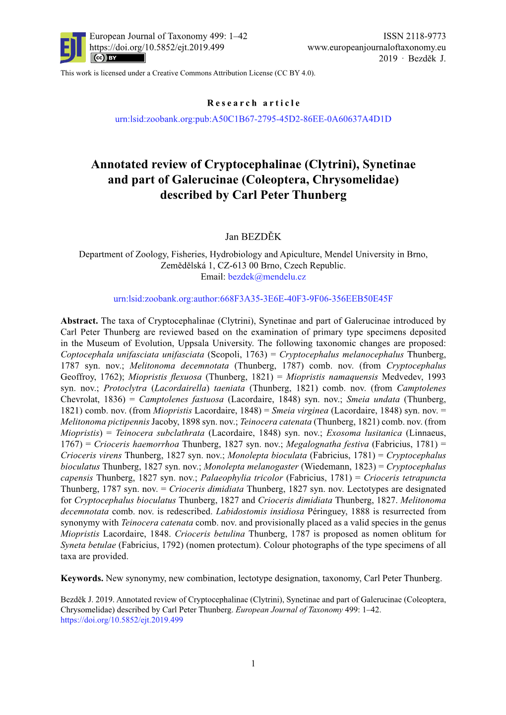 Coleoptera, Chrysomelidae) Described by Carl Peter Thunberg