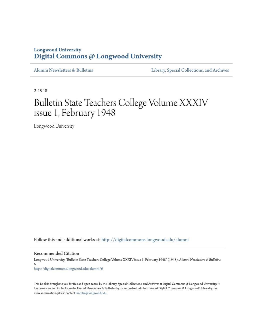 Bulletin State Teachers College Volume XXXIV Issue 1, February 1948 Longwood University