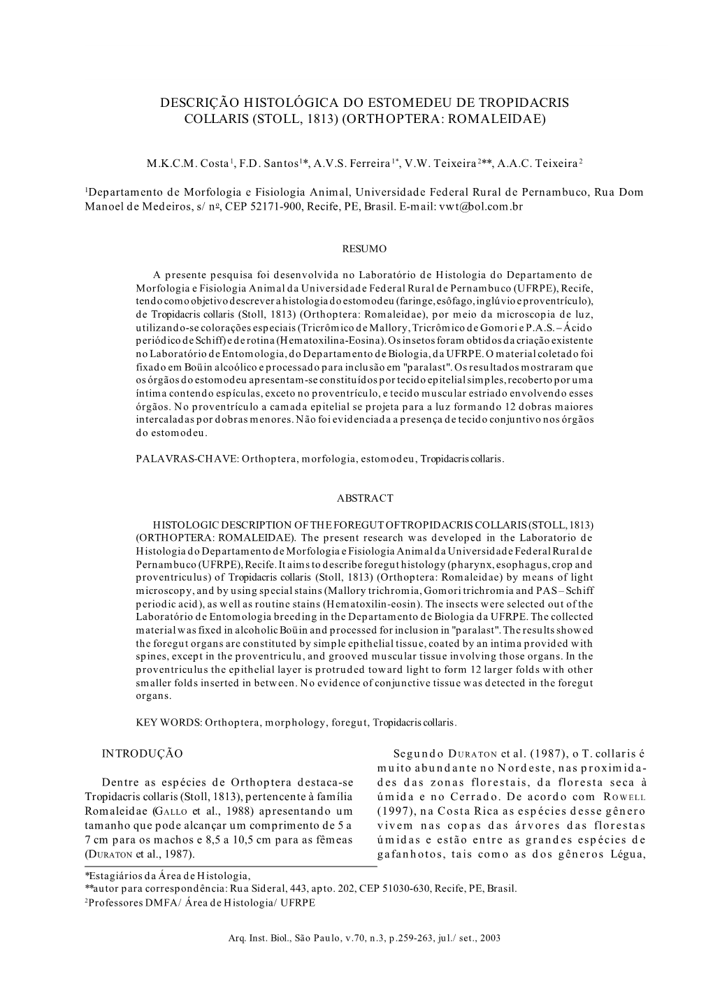 Descrição Histológica Do Estomedeu De Tropidacris Collaris (Stoll, 1813) (Orthoptera: Romaleidae)