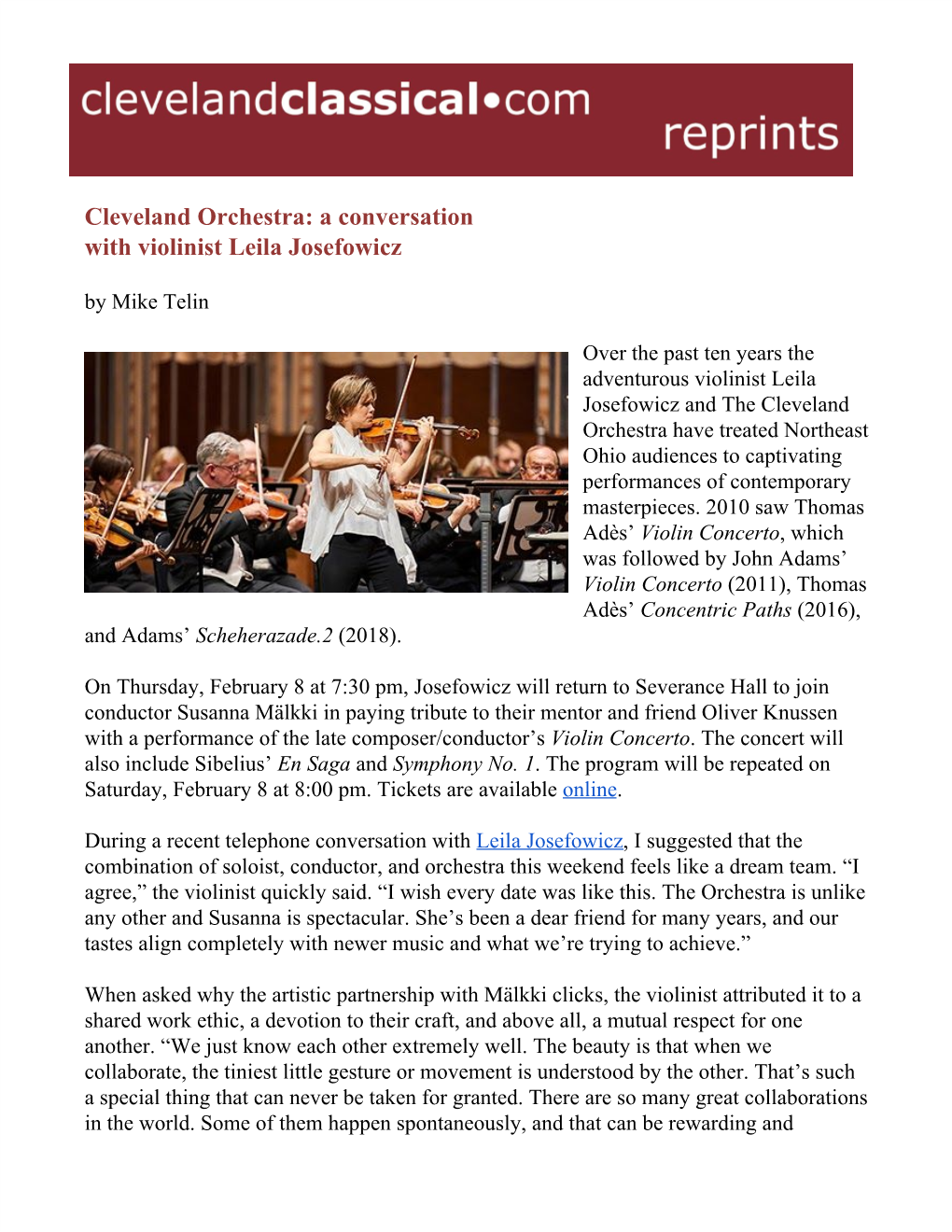 Cleveland Orchestra: a Conversation with Violinist Leila Josefowicz by Mike Telin