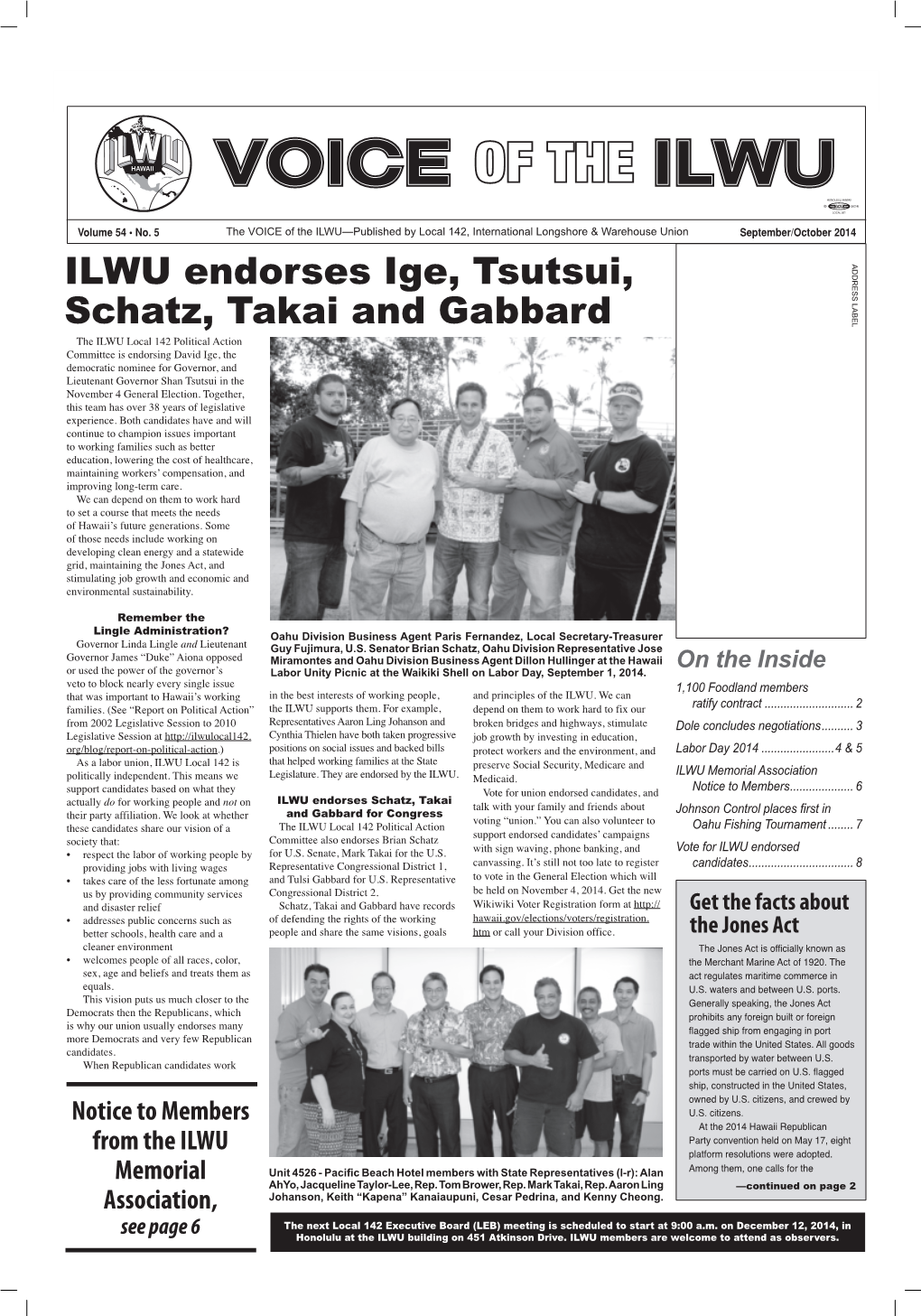 ILWU Endorses Ige, Tsutsui, Schatz, Takai and Gabbard