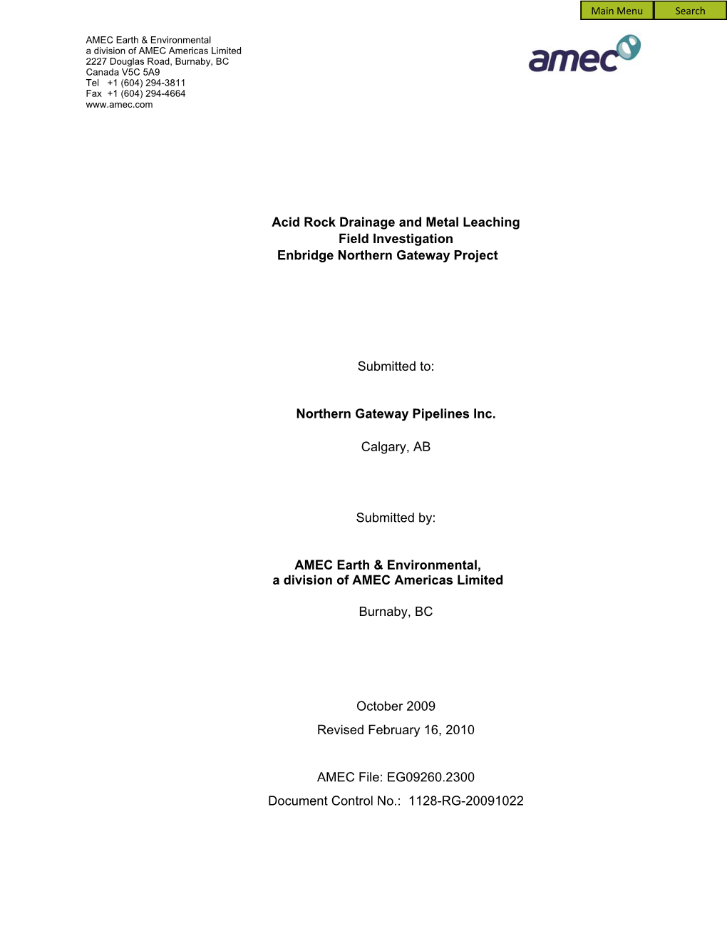 Appendix E-1-1: Acid Rock Drainage and Metal Leaching Field Investigation