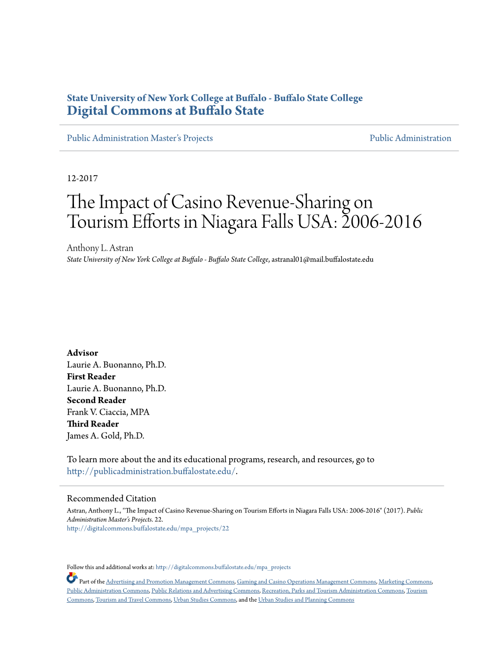 The Impact of Casino Revenue-Sharing on Tourism Efforts in Niagara Falls USA: 2006-2016