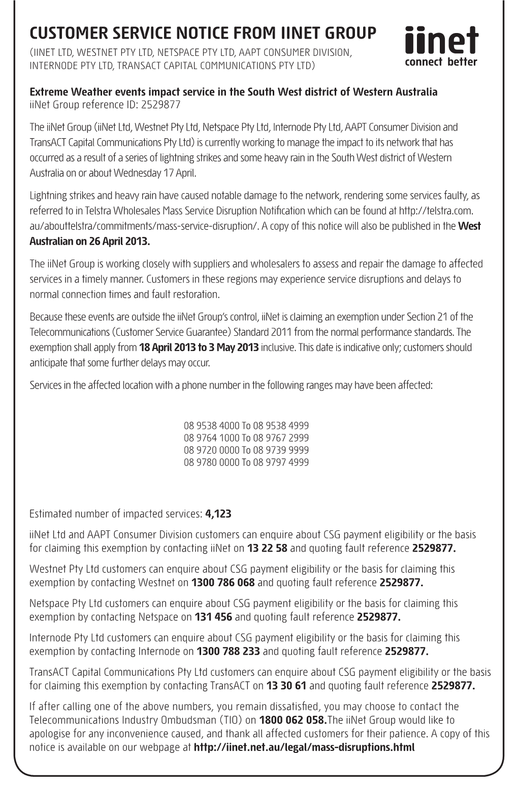 Extreme Weather Events Impact Service in the South West District of Western Australia Iinet Group Reference ID: 2529877