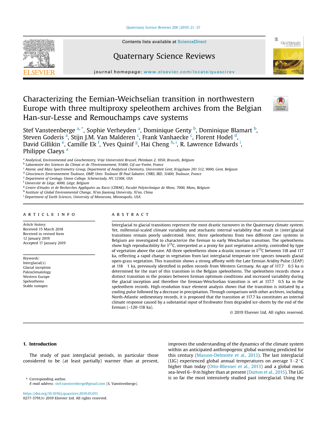 Characterizing the Eemian-Weichselian Transition in Northwestern Europe with Three Multiproxy Speleothem Archives from the Belgi