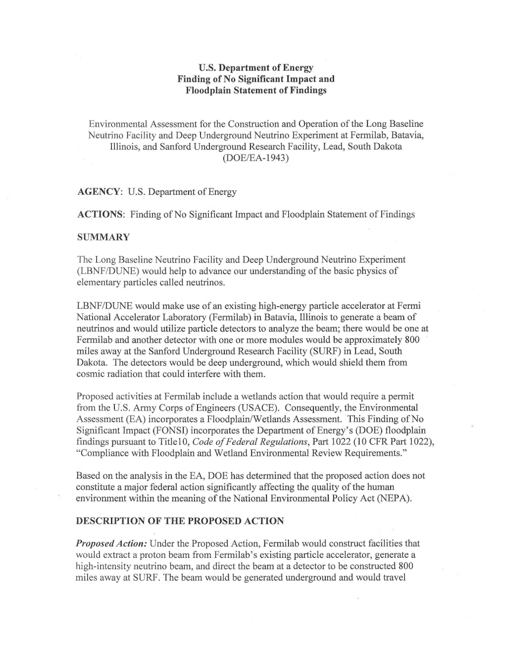 U.S. Department of Energy Finding of No Significant Impact and Floodplain Statement of Findings