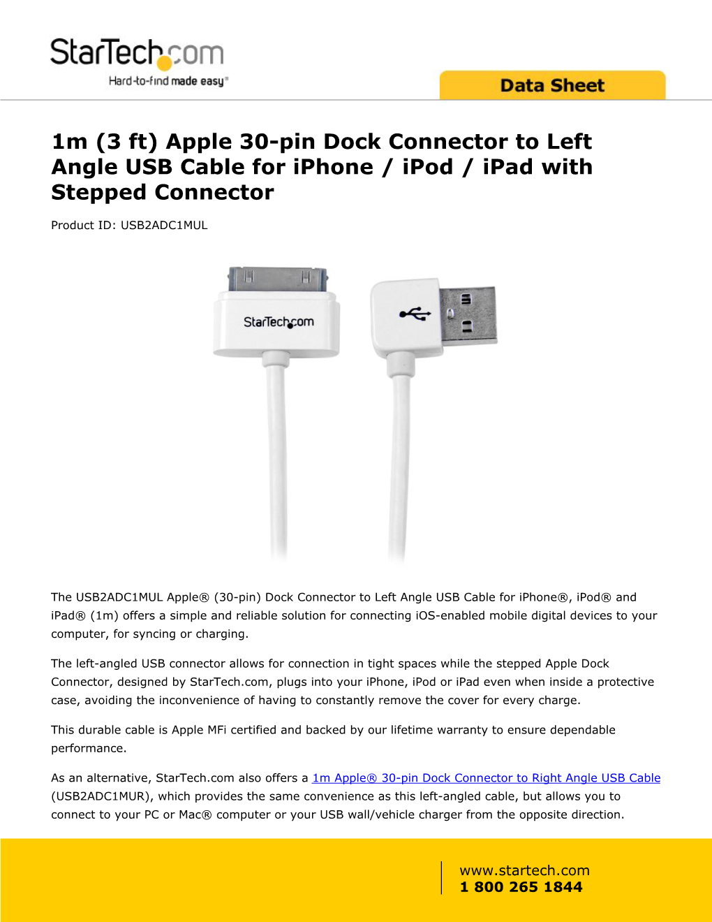 Apple 30-Pin Dock Connector to Left Angle USB Cable for Iphone / Ipod / Ipad with Stepped Connector