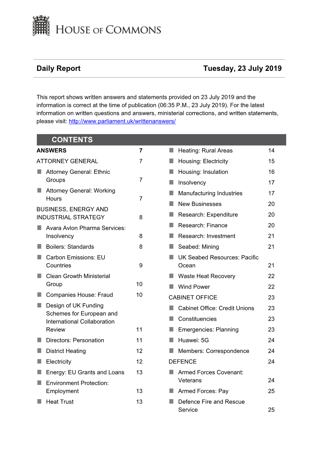 Daily Report Tuesday, 23 July 2019 CONTENTS
