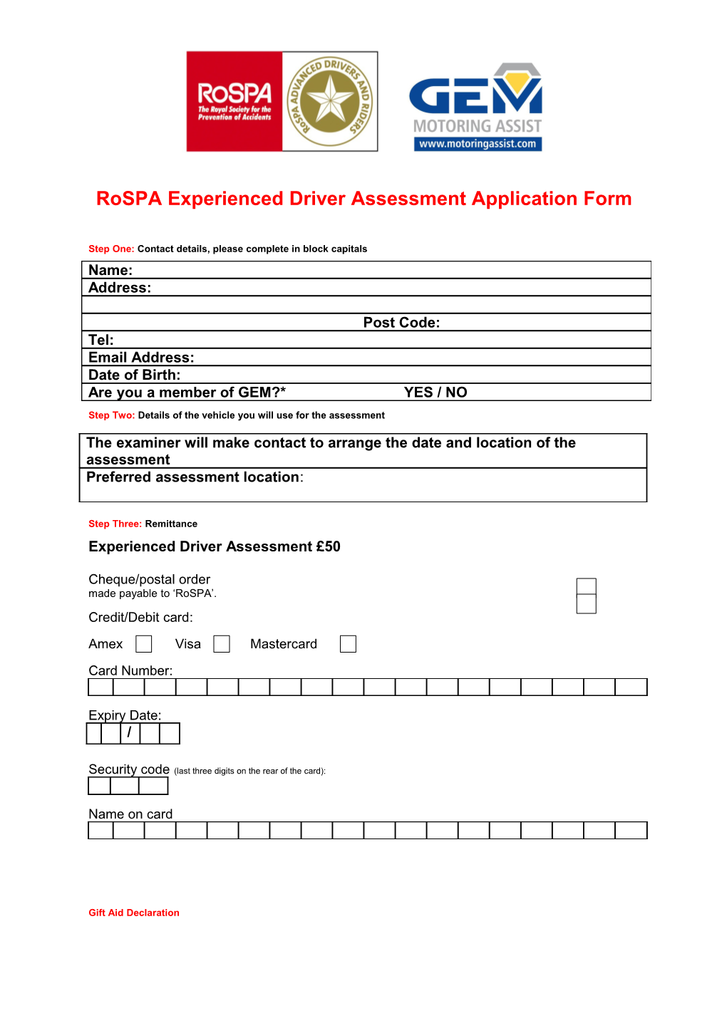 Experienced Driver Assessment Application Form