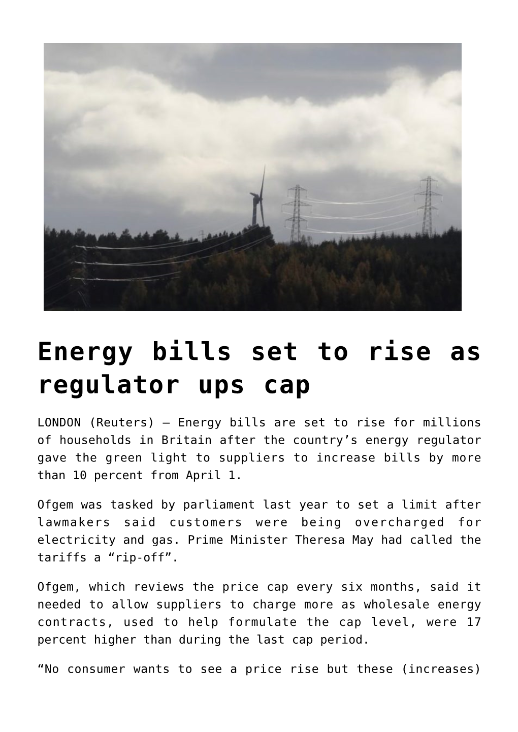 Energy Bills Set to Rise As Regulator Ups Cap