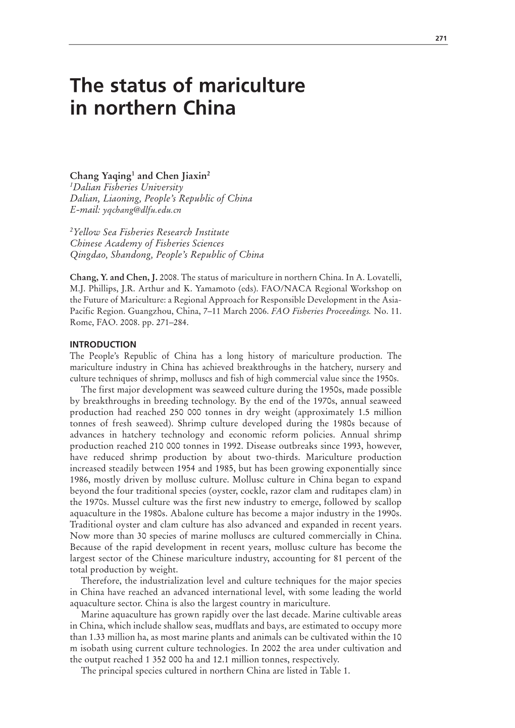 The Status of Mariculture in Northern China