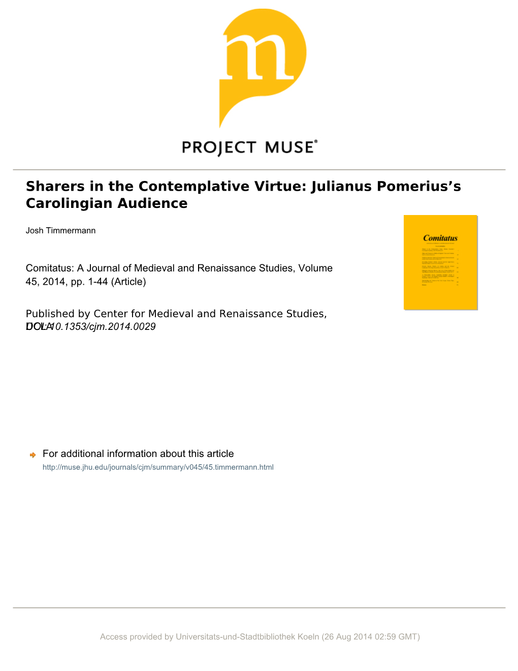 Sharers in the Contemplative Virtue: Julianus Pomeriusʼs Carolingian Audience