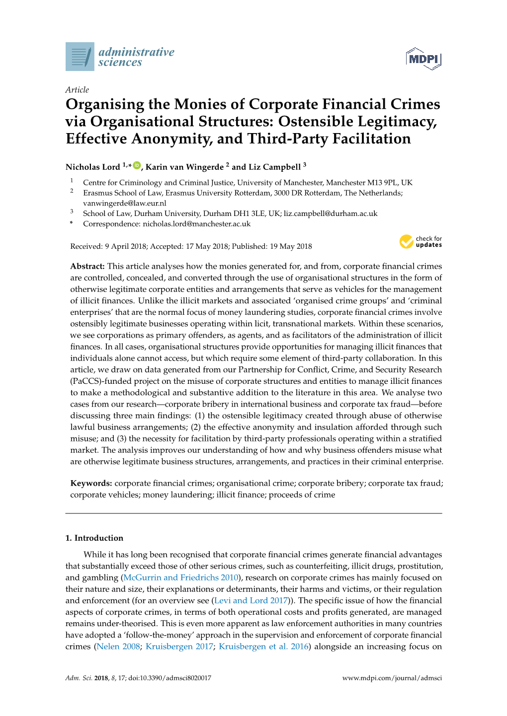 Organising the Monies of Corporate Financial Crimes Via Organisational Structures: Ostensible Legitimacy, Effective Anonymity, and Third-Party Facilitation