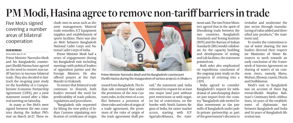 PM Modi, Hasina Agree to Remove Non-Tariff Barriers in Trade Five Mous Signed Clude Ones in Areas Such As Dis- Ment Said