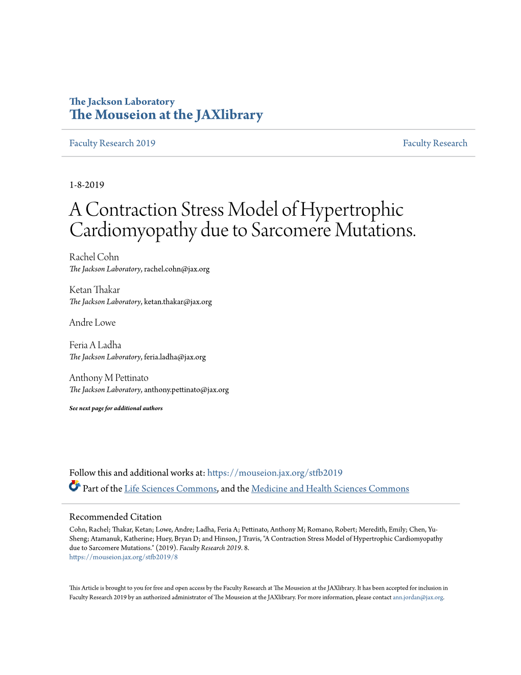 A Contraction Stress Model of Hypertrophic Cardiomyopathy Due to Sarcomere Mutations