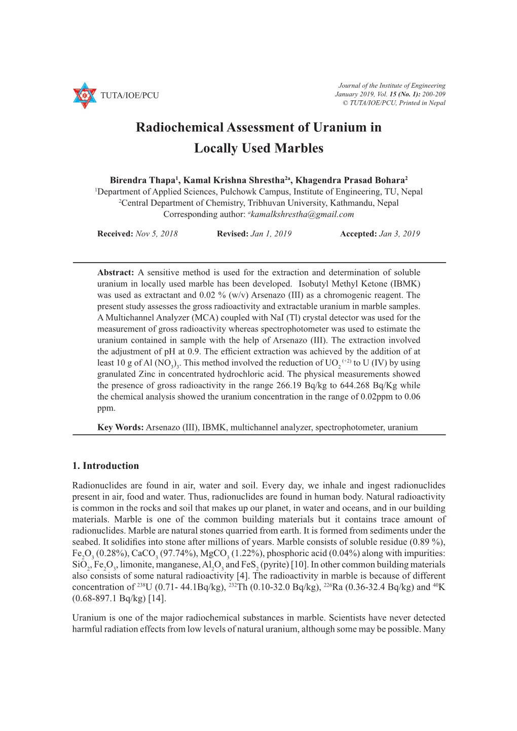 Radiochemical Assessment of Uranium in Locally Used Marbles