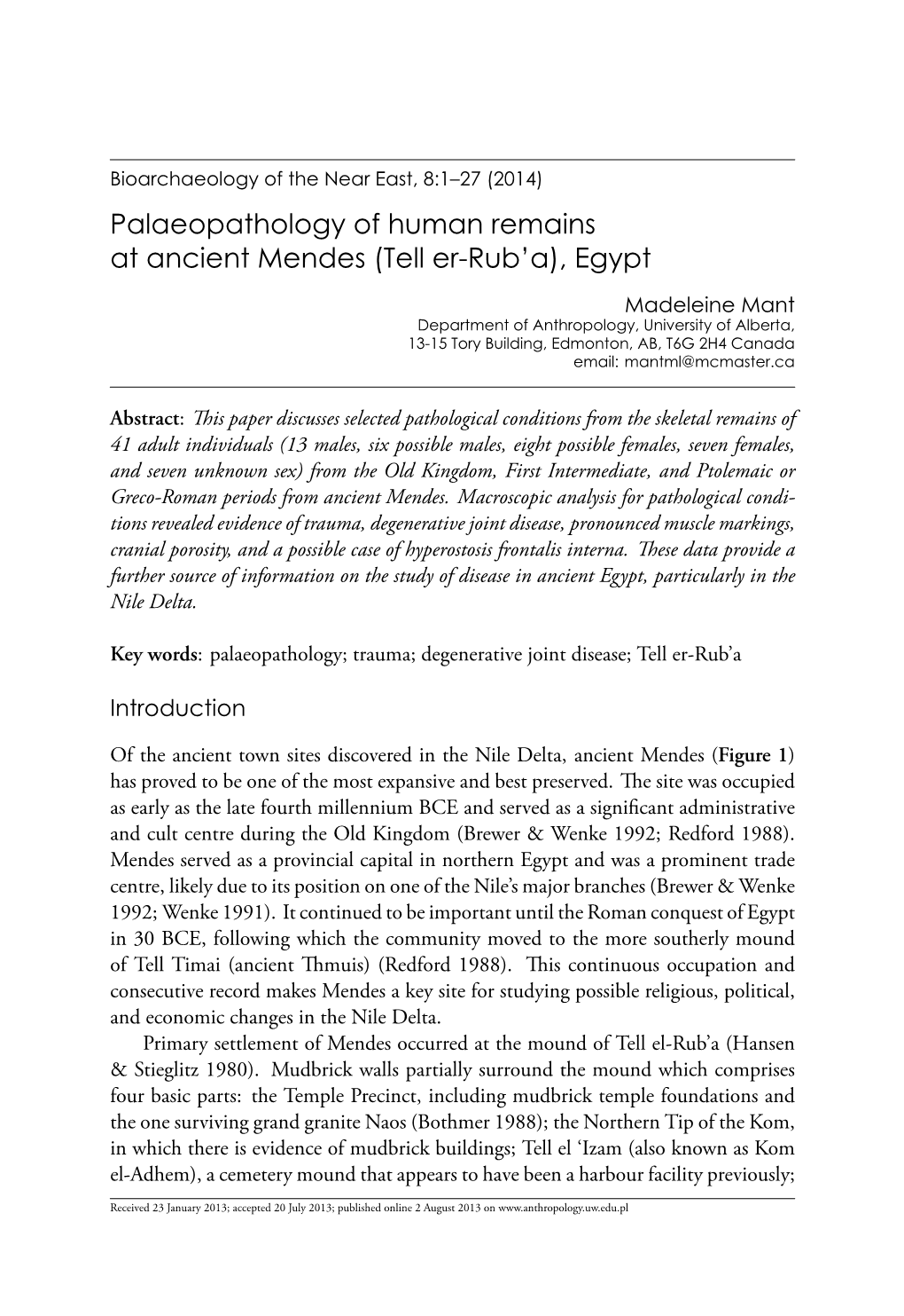 Palaeopathology of Human Remains at Ancient Mendes (Tell Er-Rub'a), Egypt