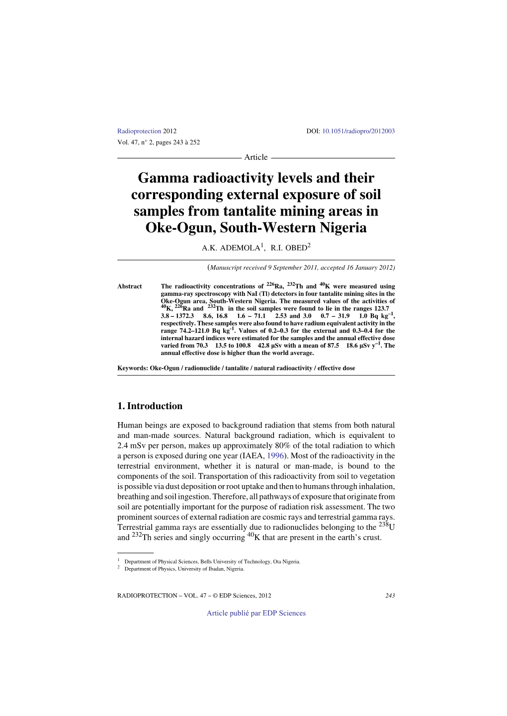 Gamma Radioactivity Levels and Their Corresponding External Exposure of Soil Samples from Tantalite Mining Areas in Oke-Ogun, South-Western Nigeria