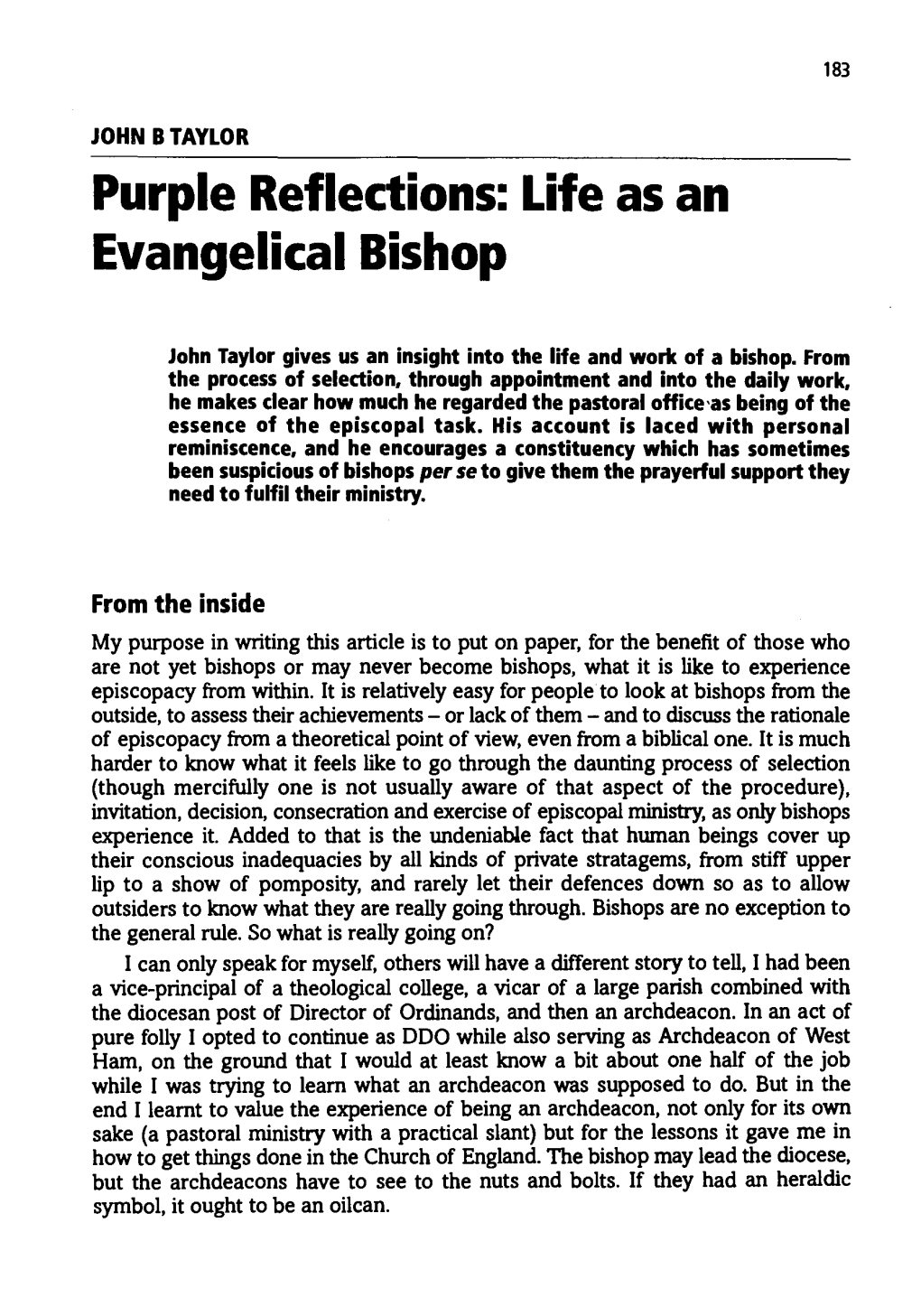 Purple Reflections: Life As an Evangelical Bishop