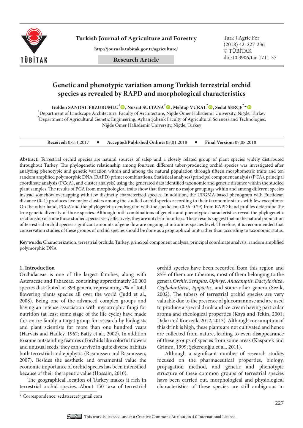 Genetic and Phenotypic Variation Among Turkish Terrestrial Orchid Species As Revealed by RAPD and Morphological Characteristics