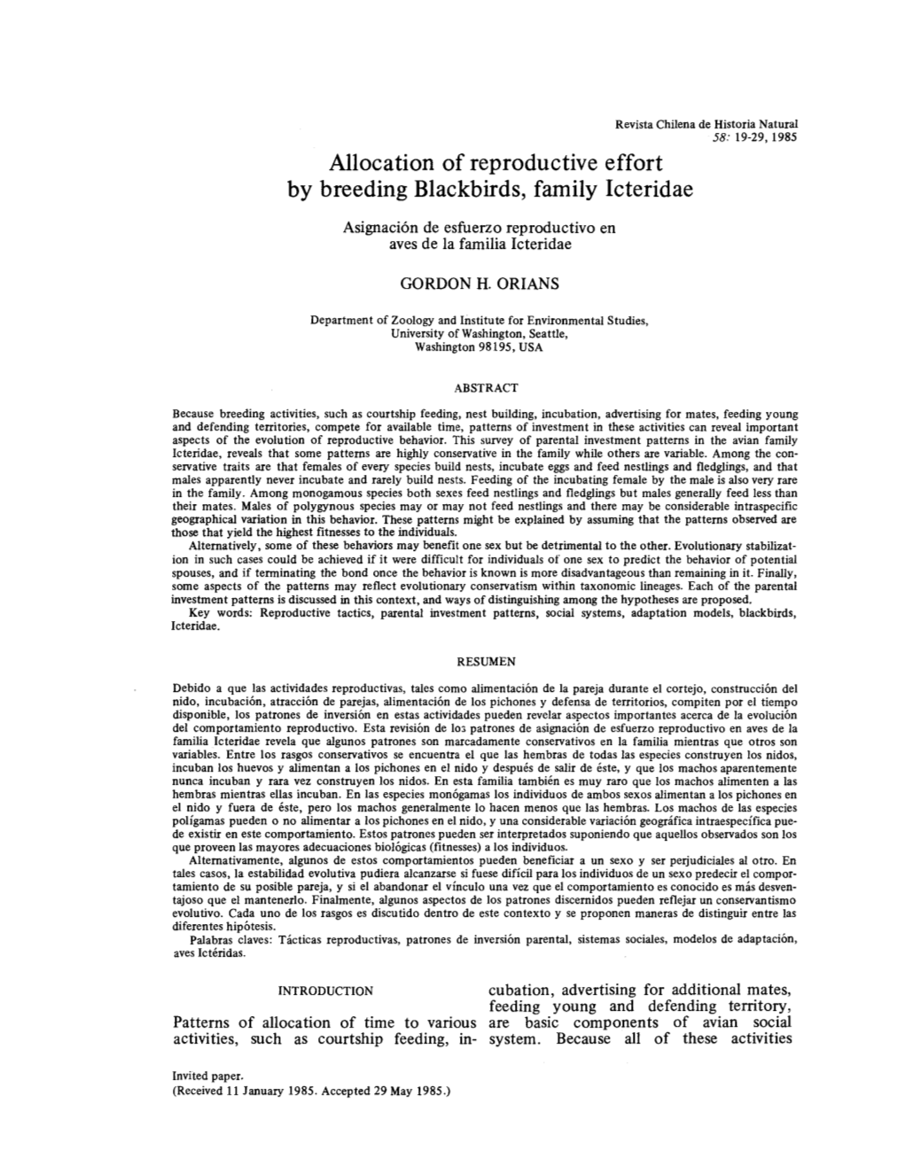 Allocation of Reproductive Effort by Breeding Blackbirds, Family Icteridae