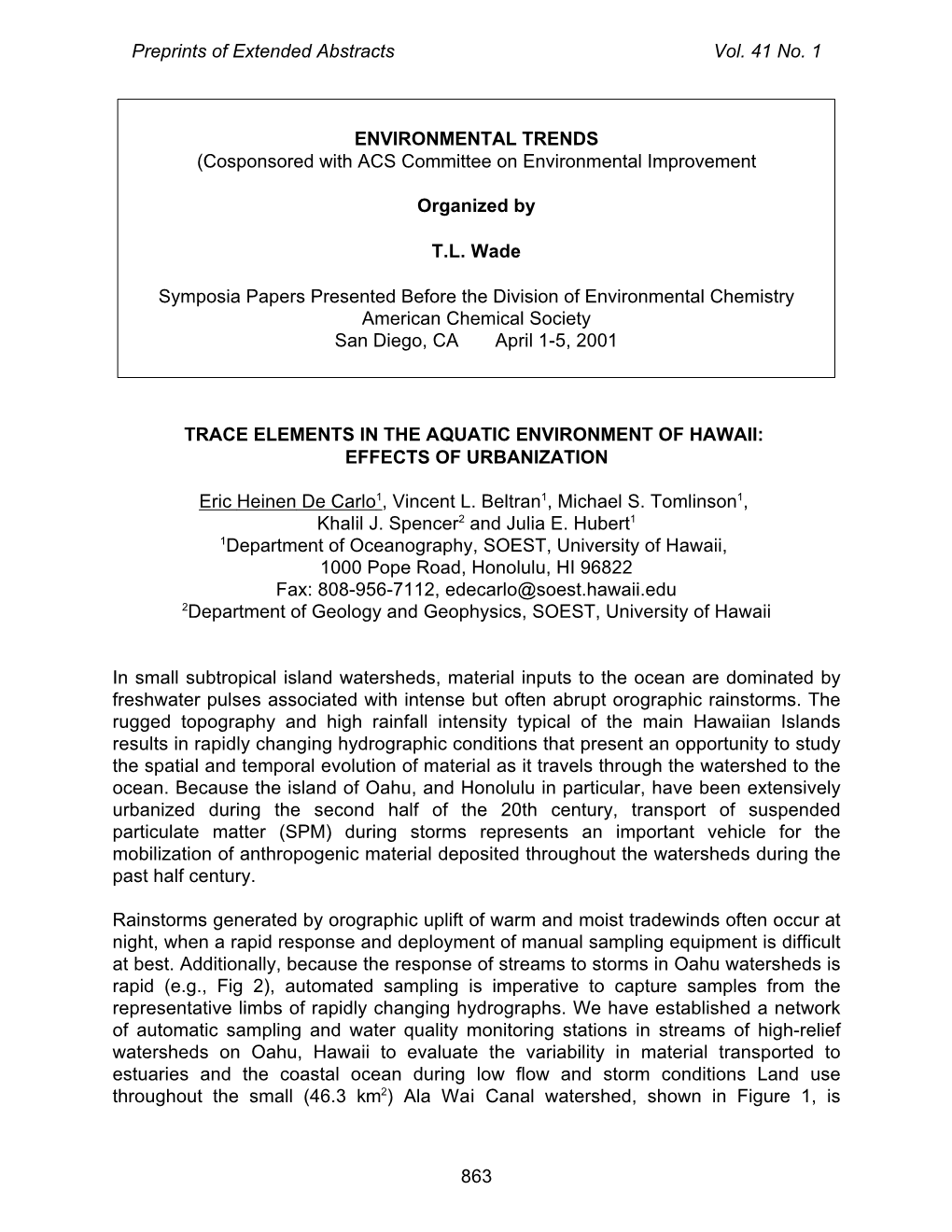 Trace Elements in the Aquatic Environment of Hawaii: Effects of Urbanization