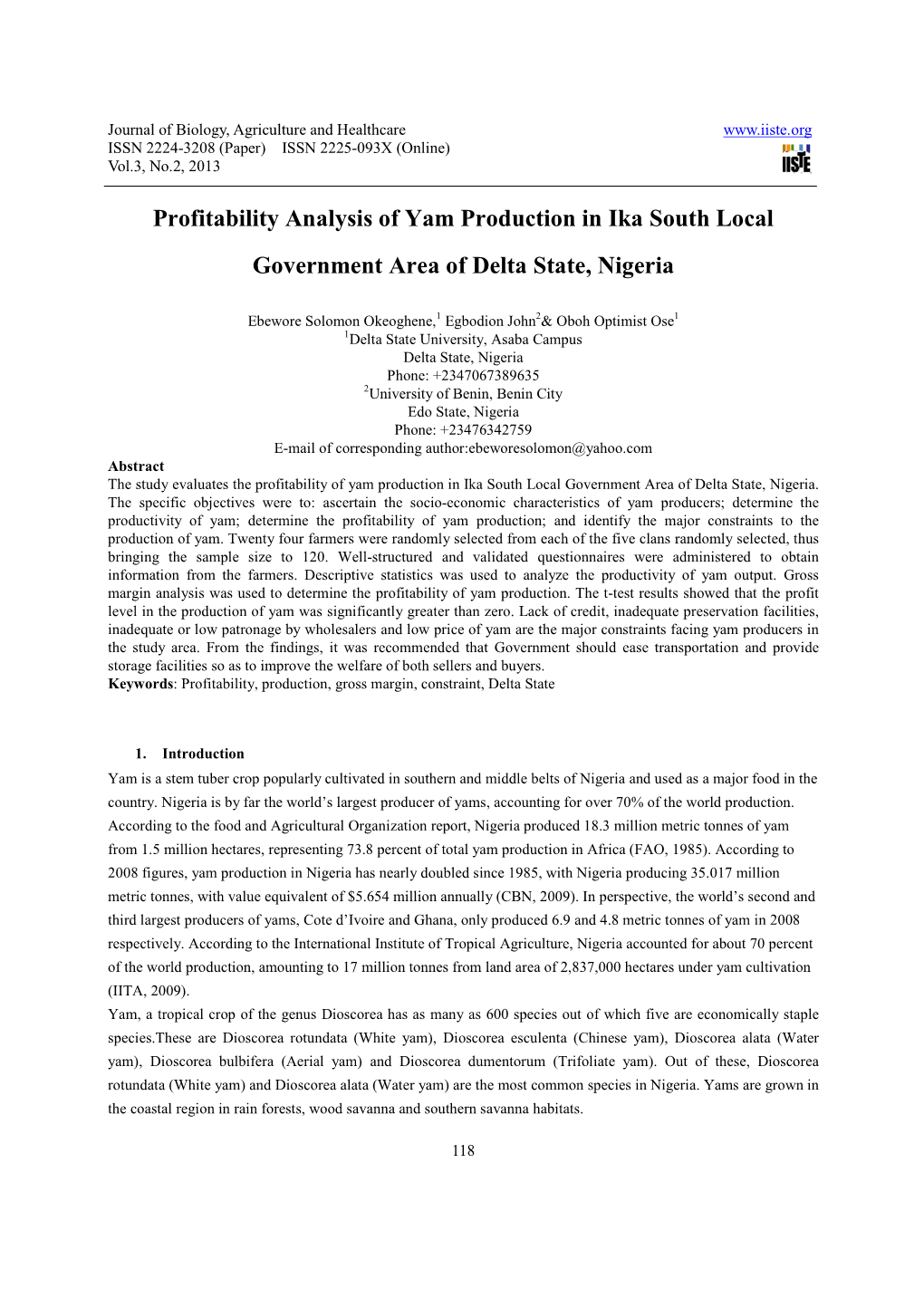 Profitability Analysis of Yam Production in Ika South Local Government Area of Delta State, Nigeria