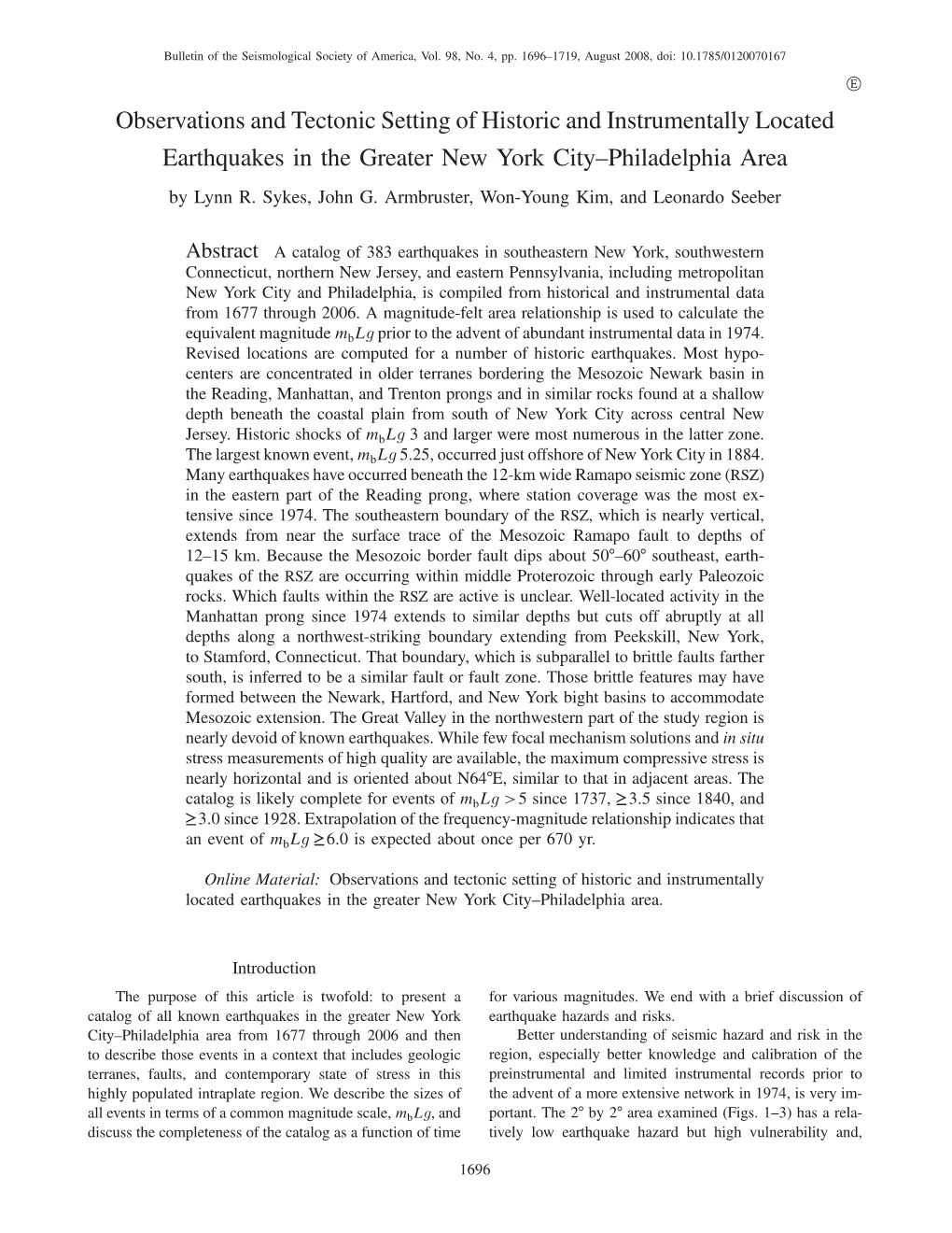 Observations and Tectonic Setting of Historic and Instrumentally Located Earthquakes in the Greater New York City–Philadelphia Area by Lynn R