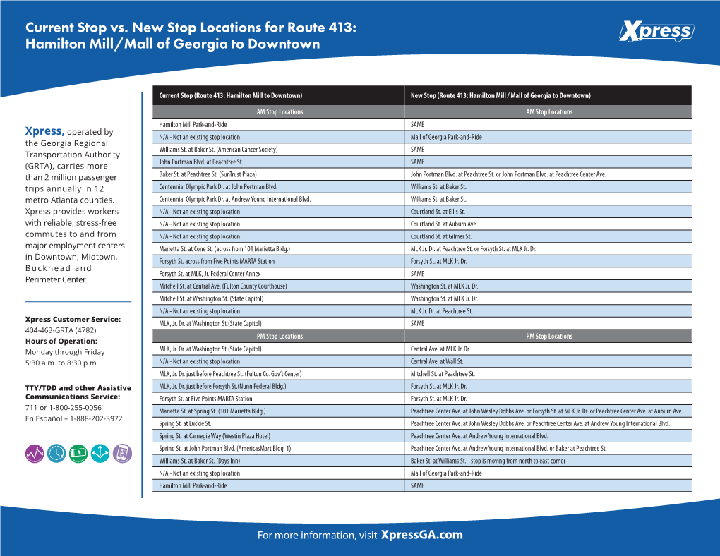 Current Stop Vs. New Stop Locations for Route 413: Hamilton Mill/Mall of Georgia to Downtown