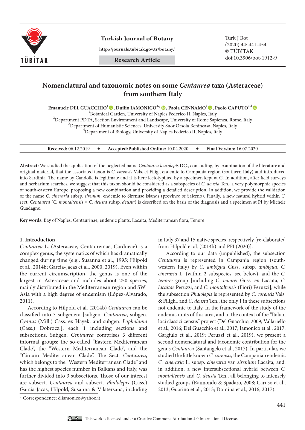 Nomenclatural and Taxonomic Notes on Some Centaurea Taxa (Asteraceae) from Southern Italy