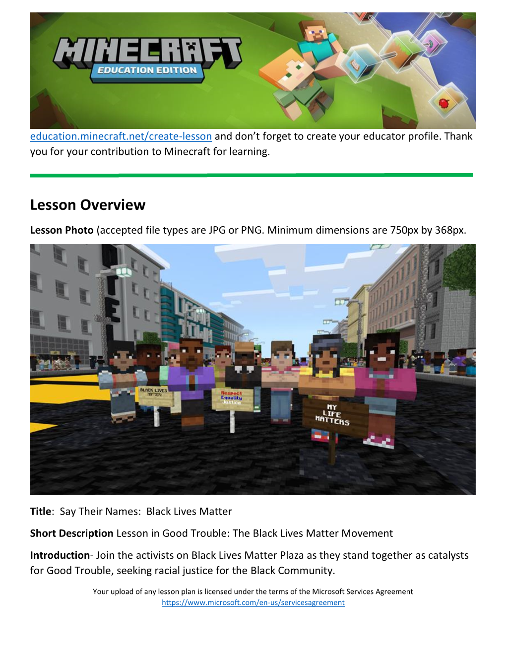 Minecraft: Education Edition Lesson Template Lesson Overview