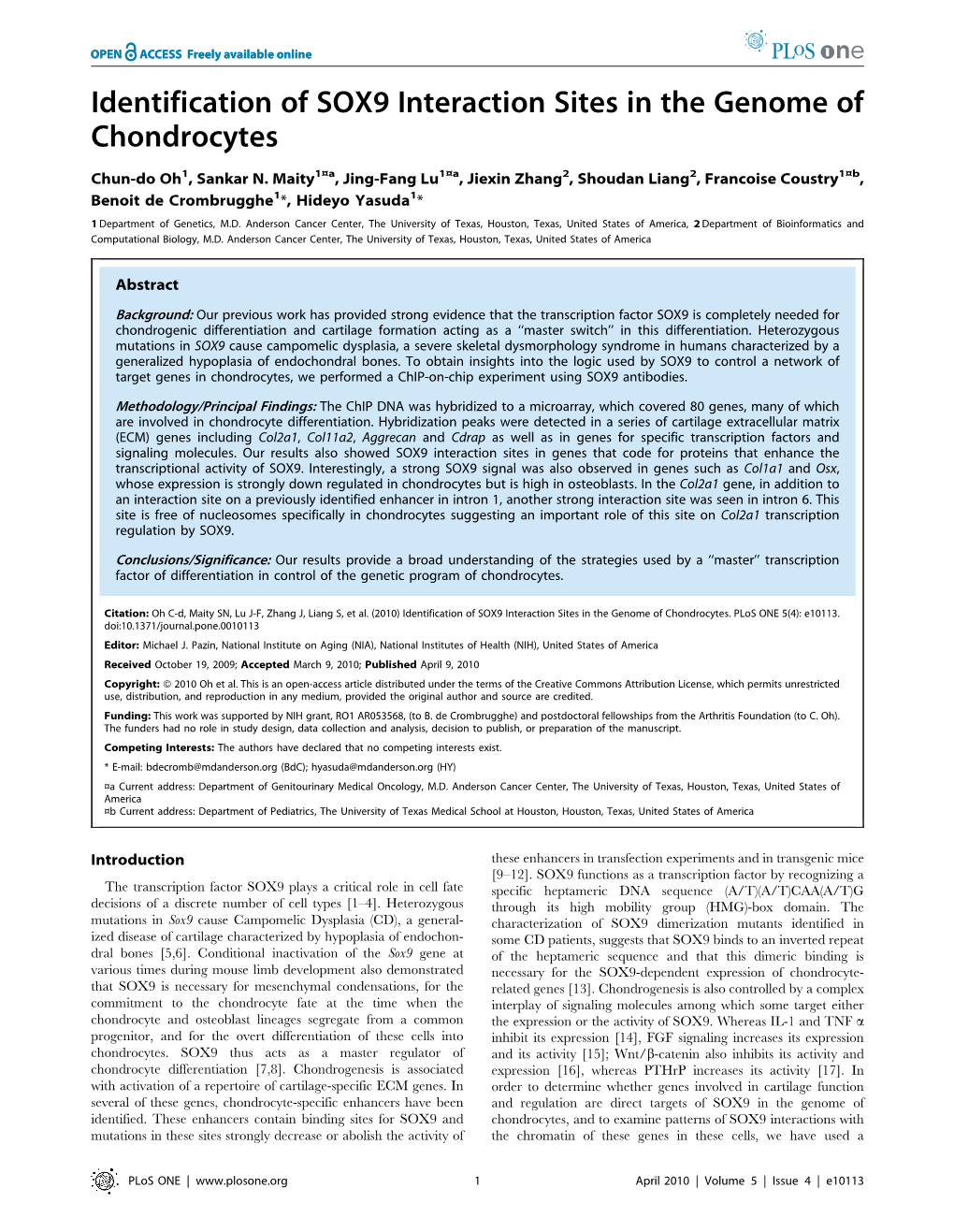 Identification of SOX9 Interaction Sites in the Genome of Chondrocytes