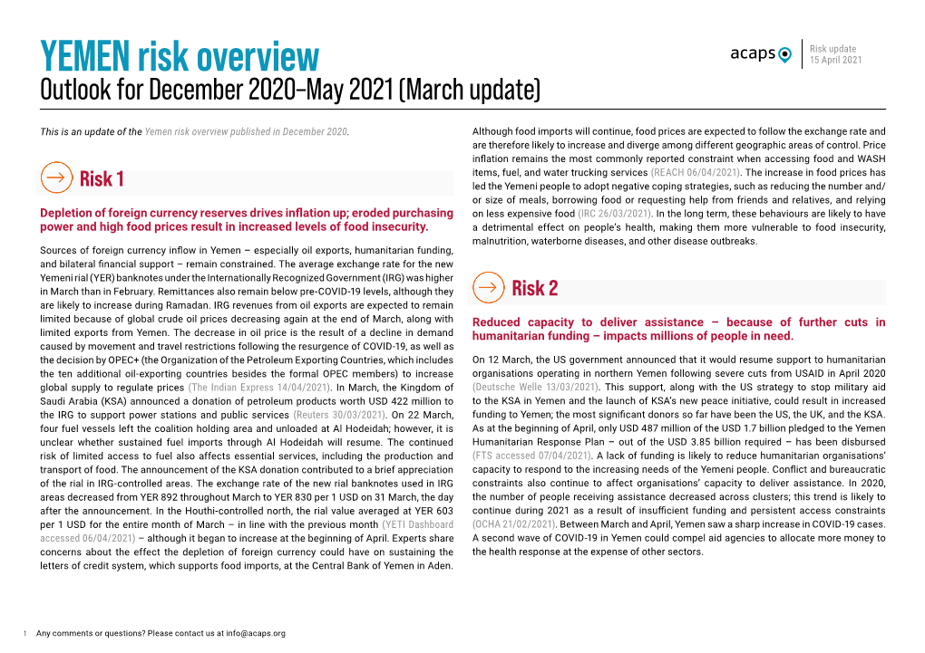 YEMEN Risk Overview 15 April 2021 Outlook for December 2020–May 2021 (March Update)