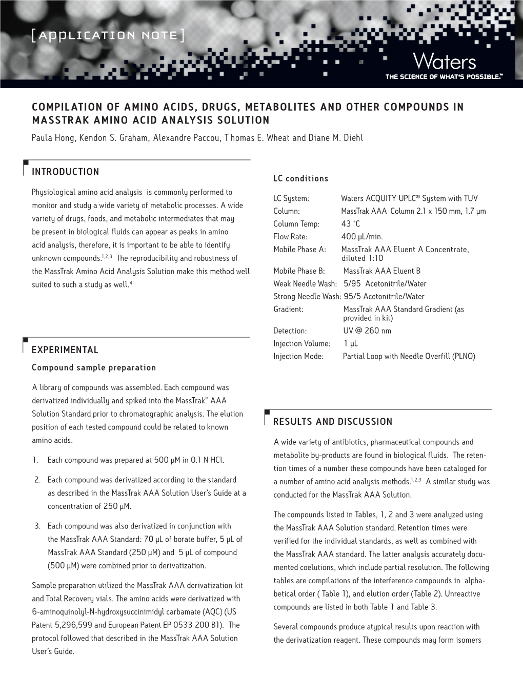 COMPILATION of AMINO ACIDS, DRUGS, METABOLITES and OTHER COMPOUNDS in MASSTRAK AMINO ACID ANALYSIS SOLUTION Paula Hong, Kendon S