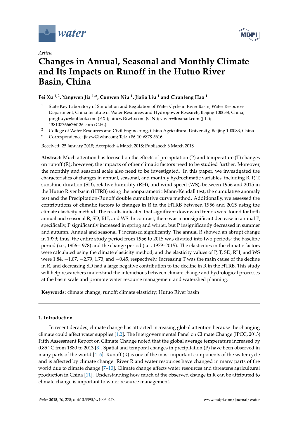 Changes in Annual, Seasonal and Monthly Climate and Its Impacts on Runoff in the Hutuo River Basin, China