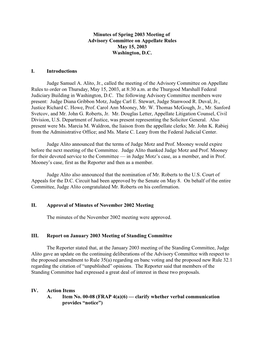 Minutes of Spring 2003 Meeting of Advisory Committee on Appellate Rules May 15, 2003 Washington, D.C