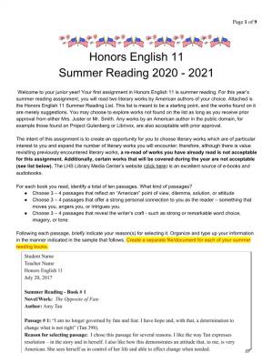 Honors English 11 Summer Reading 2020 - 2021
