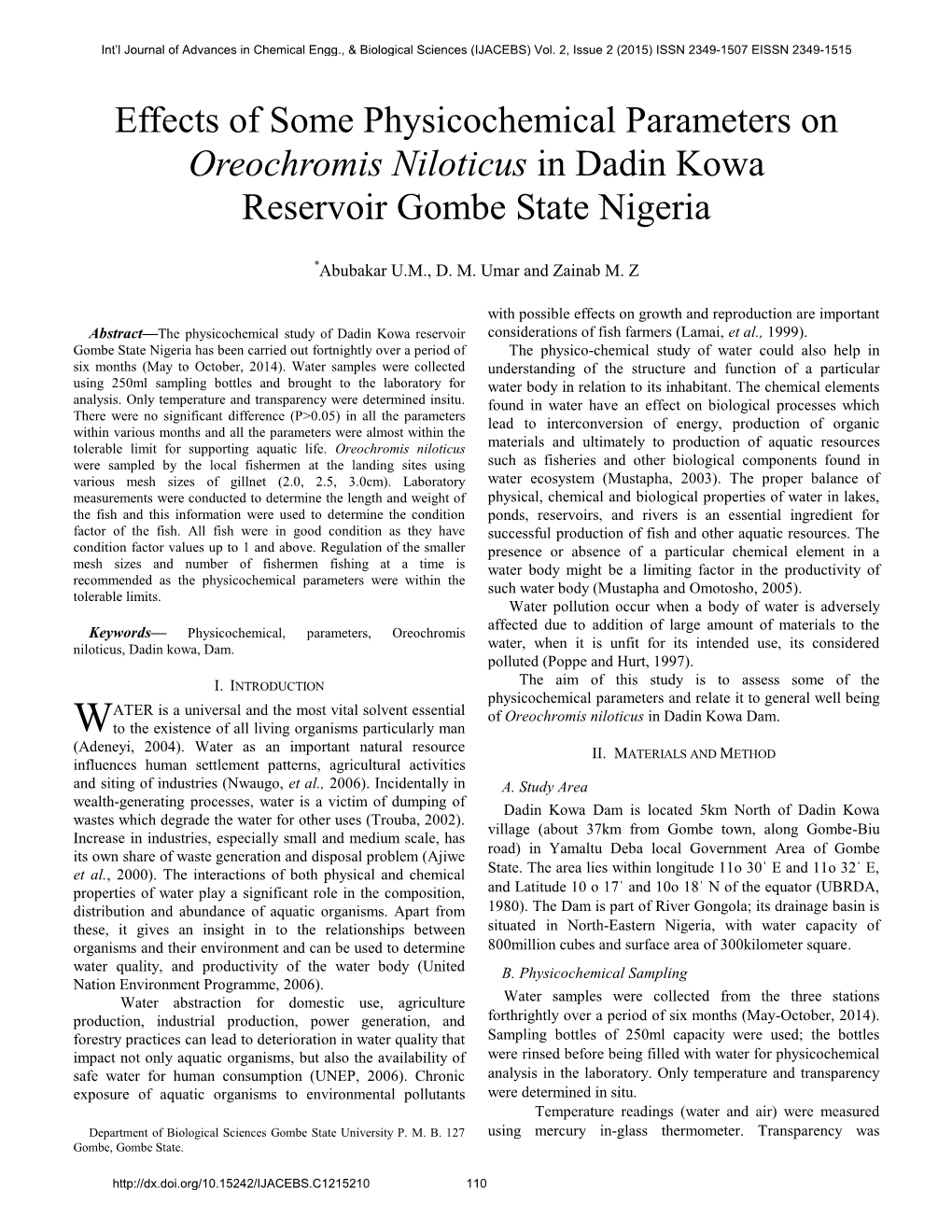 Effects of Some Physicochemical Parameters on Oreochromis Niloticus in Dadin Kowa Reservoir Gombe State Nigeria