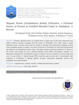 Mopane Worm (Gonimbrasia Belina) Utilisation, a Potentialsource of Protein in Fortified Blended Foods in Zimbabwe: a Review