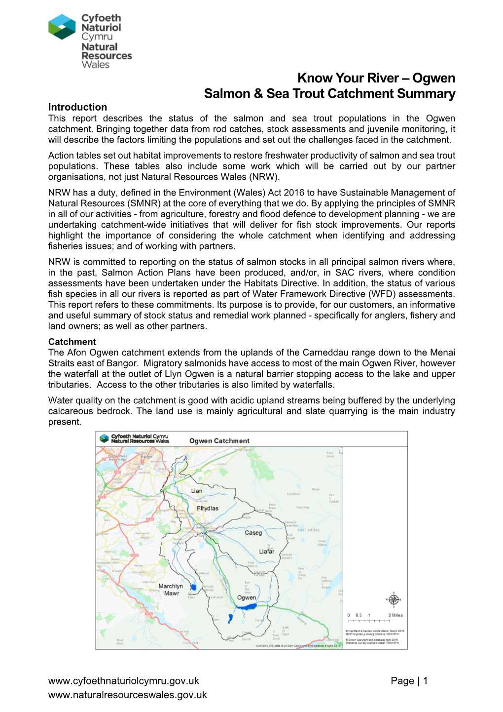 Ogwen Salmon & Sea Trout Catchment Summary Introduction This Report Describes the Status of the Salmon and Sea Trout Populations in the Ogwen Catchment