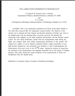 THE LAMBDA POINT EXPERIMENT in MICROGRAVITY J. A, I,Ipa, 1), R