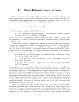 I. Classical Differential Geometry of Curves