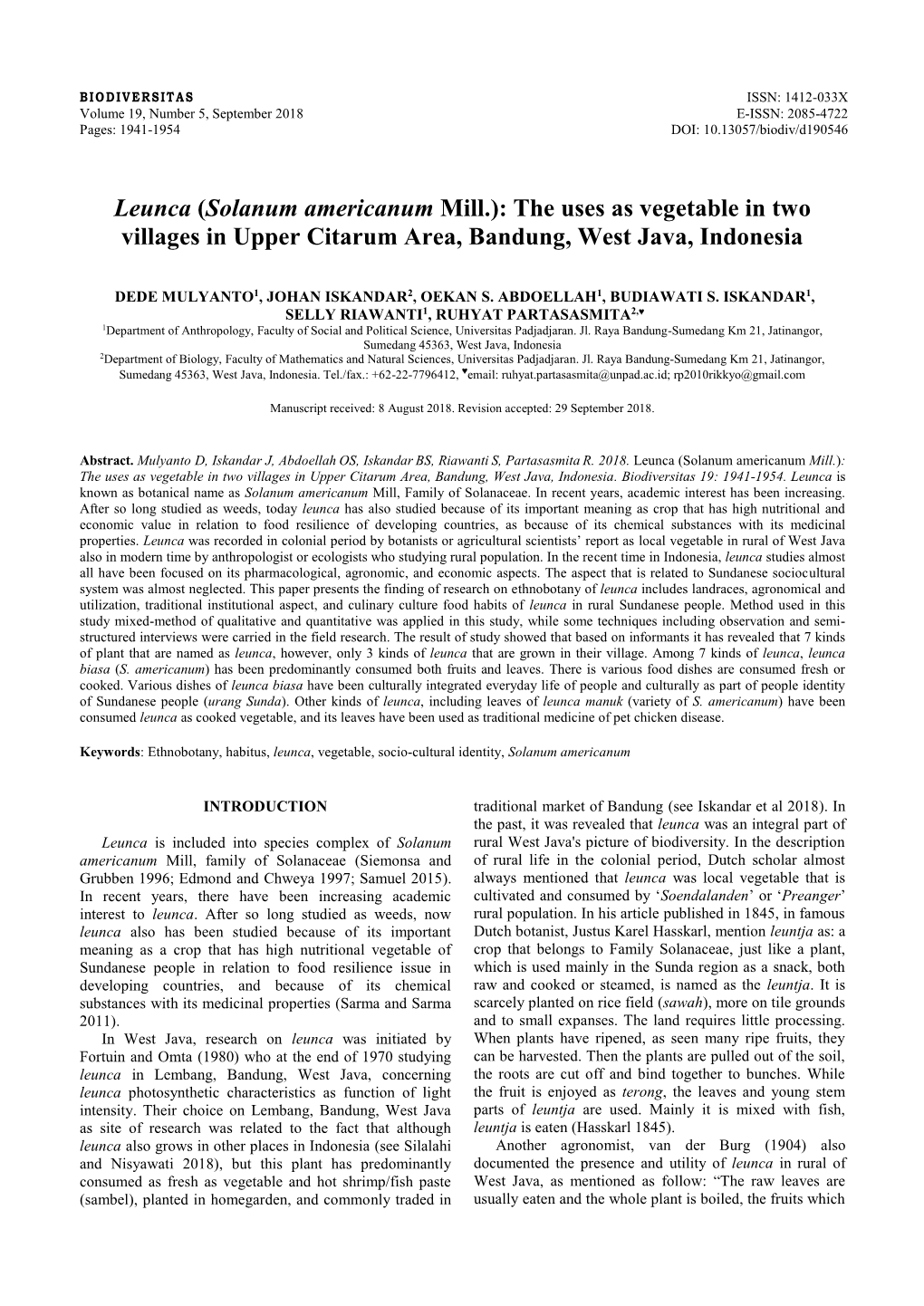 Leunca (Solanum Americanum Mill.): the Uses As Vegetable in Two Villages in Upper Citarum Area, Bandung, West Java, Indonesia