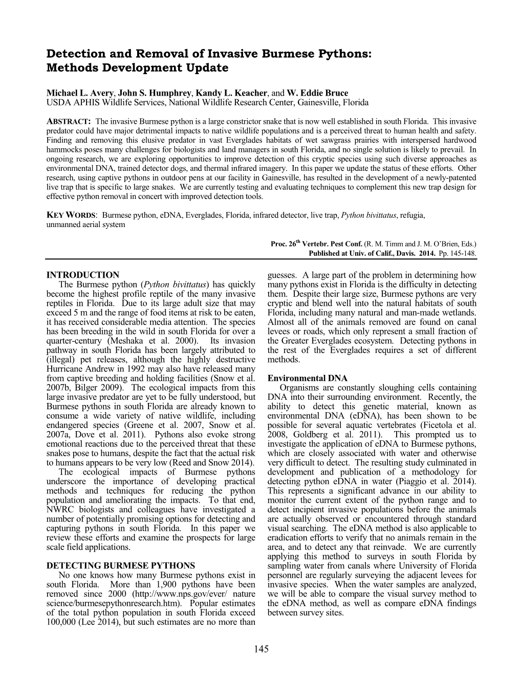 Detection and Removal of Invasive Burmese Pythons: Methods Development Update