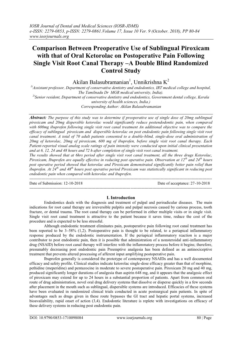 Comparison Between Preoperative Use of Sublingual Piroxicam With