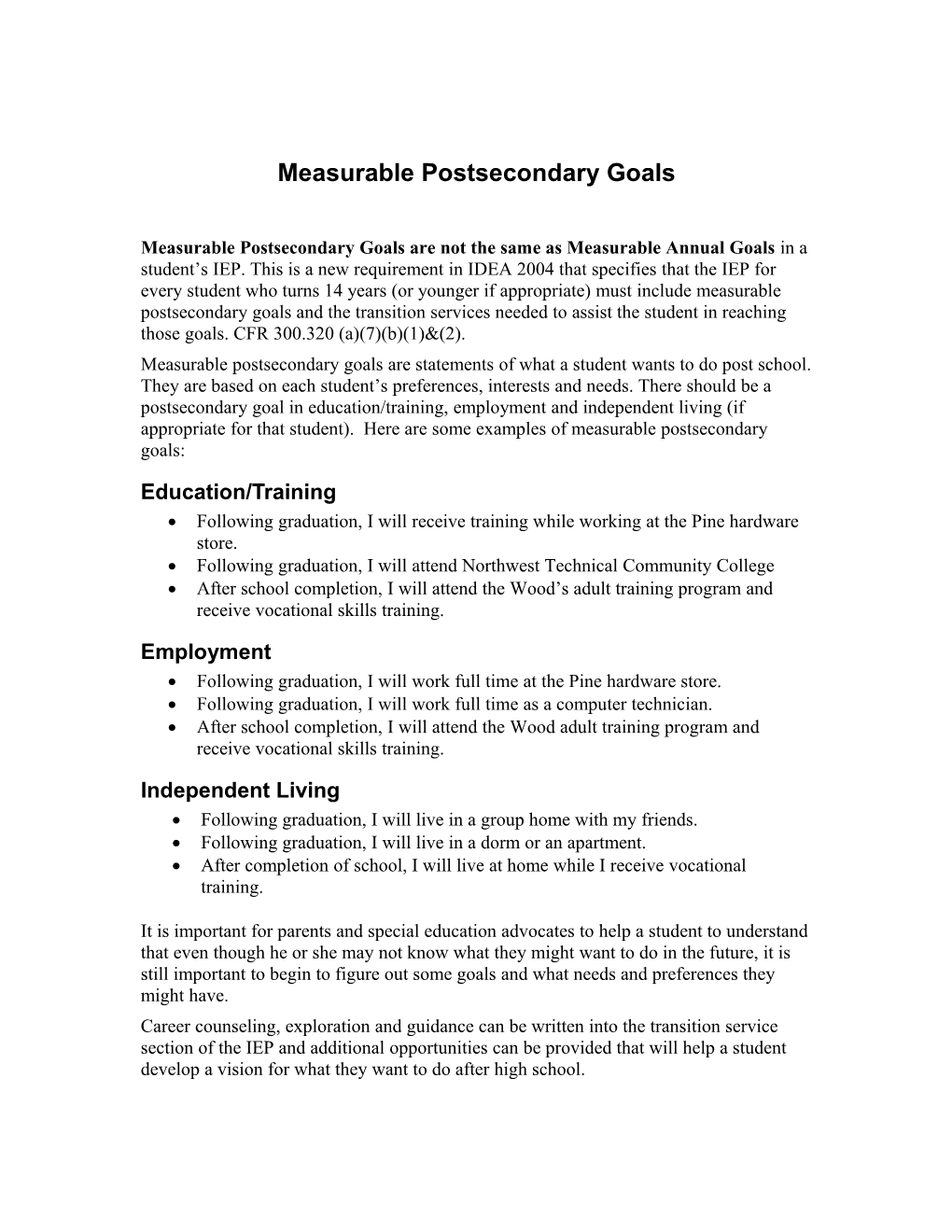 Measurable Postsecondary Goals