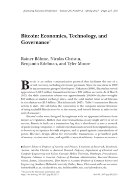 Bitcoin: Economics, Technology, and Governance†