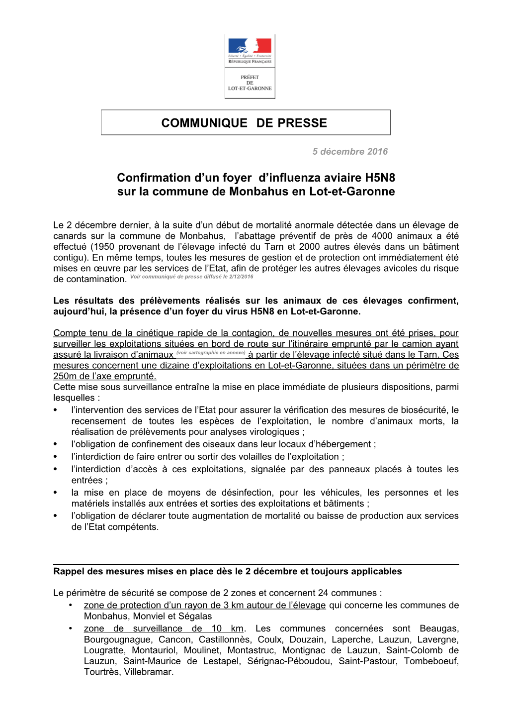 COMMUNIQUE DE PRESSE Confirmation D'un Foyer D'influenza